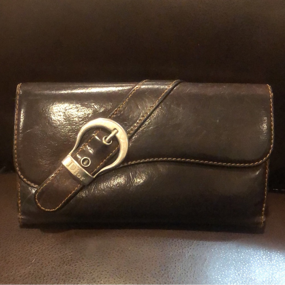 CHRISTIAN DIOR Brown Leather Long Bifold Wallet with Buckle Accent